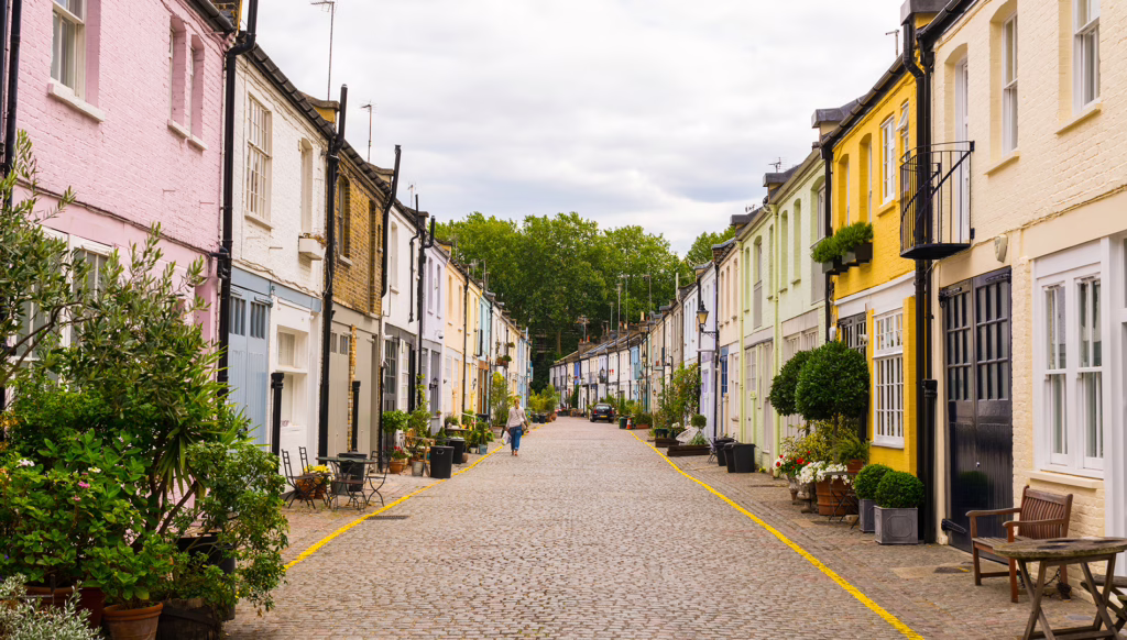 Exclusive mews with coloured small houses in Chelsea, a wealthy borough of London