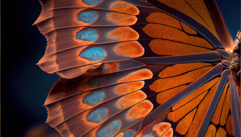 a close up of a butterfly wing with blue and orange colours on it's wings and a black background.