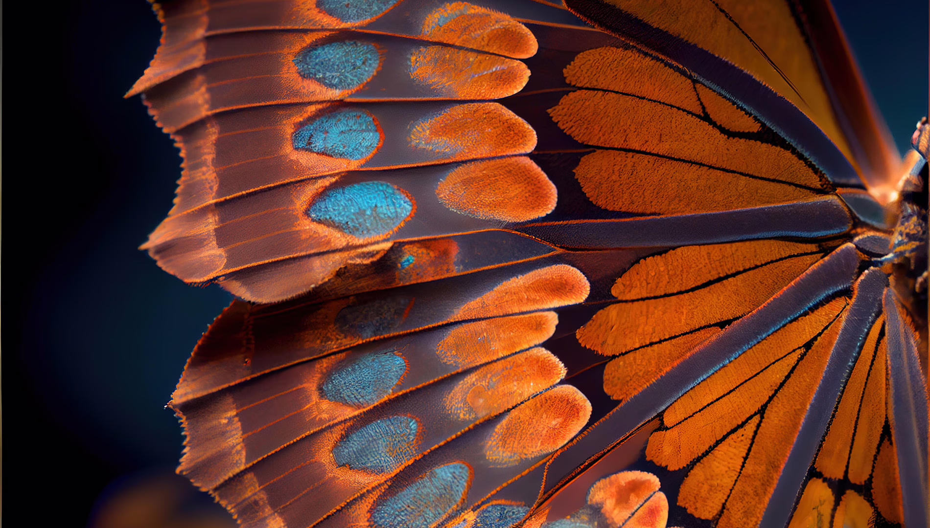 a close up of a butterfly wing with blue and orange colours on it's wings and a black background.