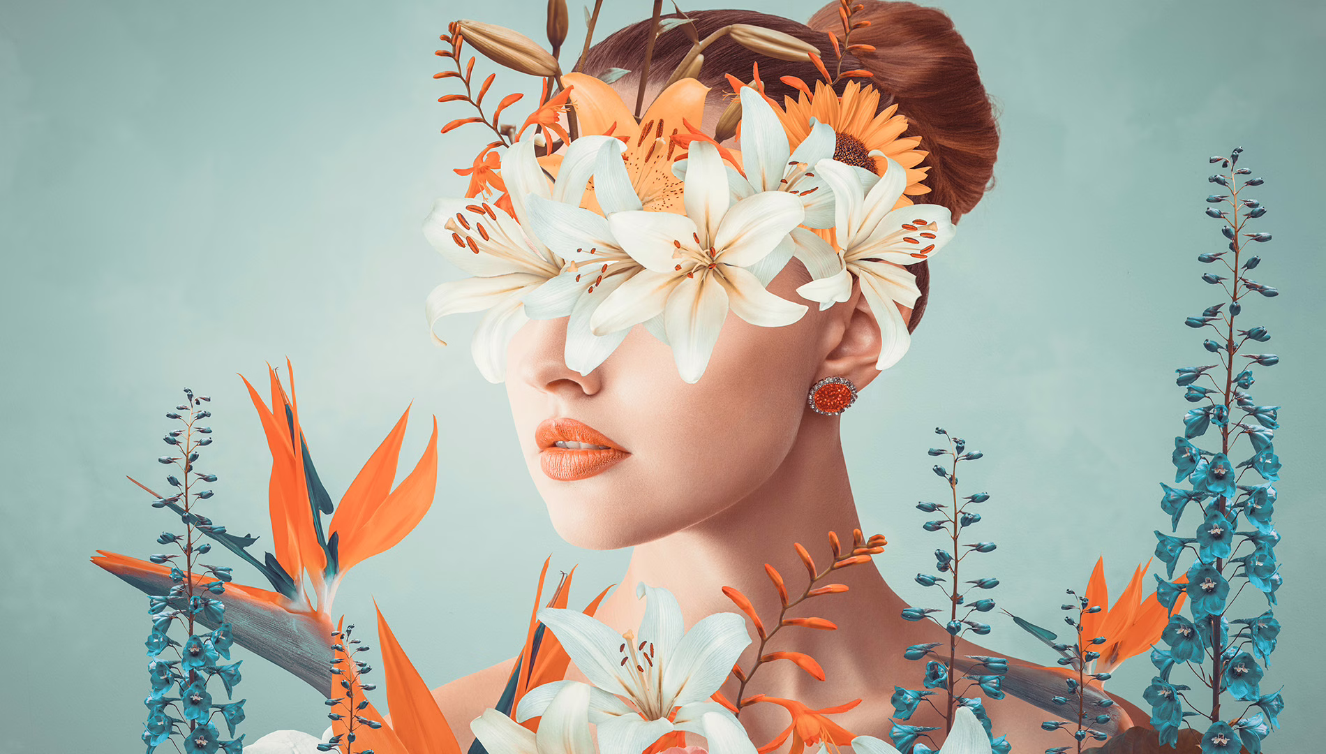 Abstract contemporary art collage portrait of young woman with flowers on face hides her eyes