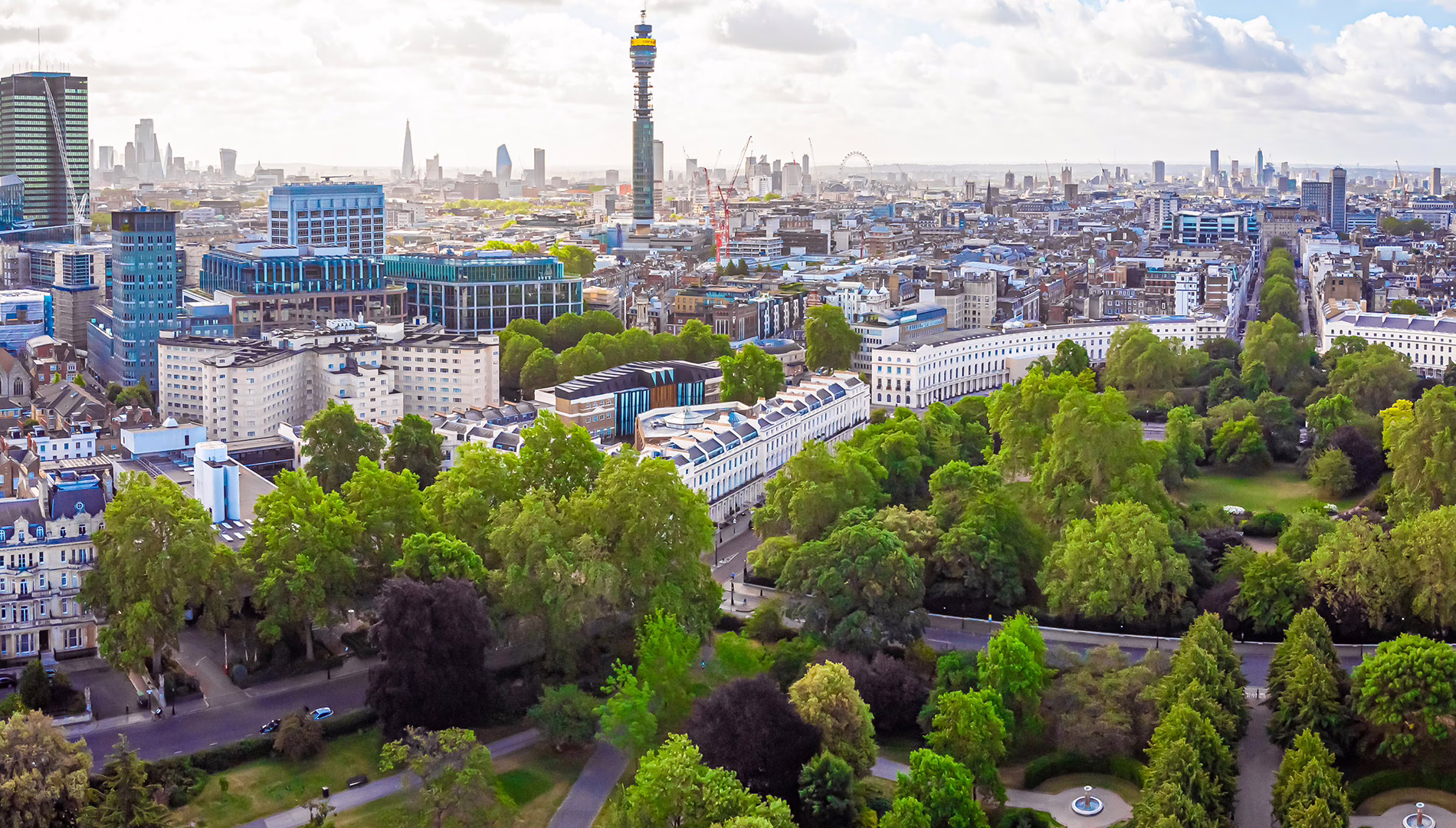 Aerial view of Regents Park in London, UK