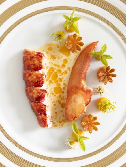 Native Lobster Spiced Carrot Puree and Verbena dish in The Ritz Restaurant