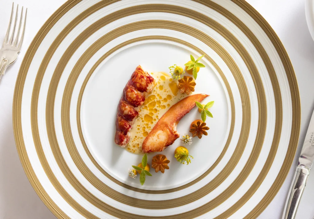 Native Lobster Spiced Carrot Puree and Verbena dish in The Ritz Restaurant