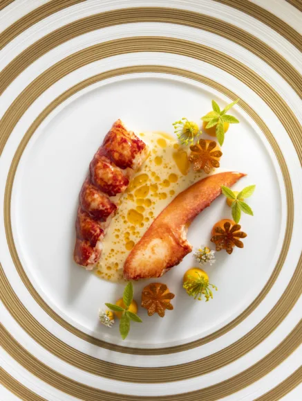 Native Lobster Spiced Carrot Puree and Verbena dish in The Ritz Restaurant
