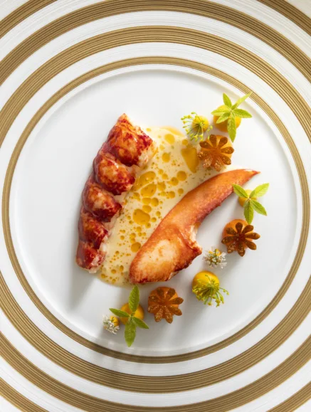 Native Lobster Spiced Carrot Puree and Verbena dish in The Ritz Restaurant