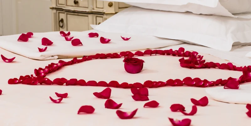 rose petals on a Ritz bed