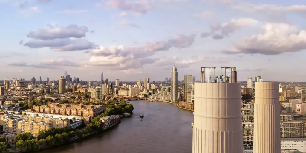 Skyline views of London from the top of the Battersea Powerstation