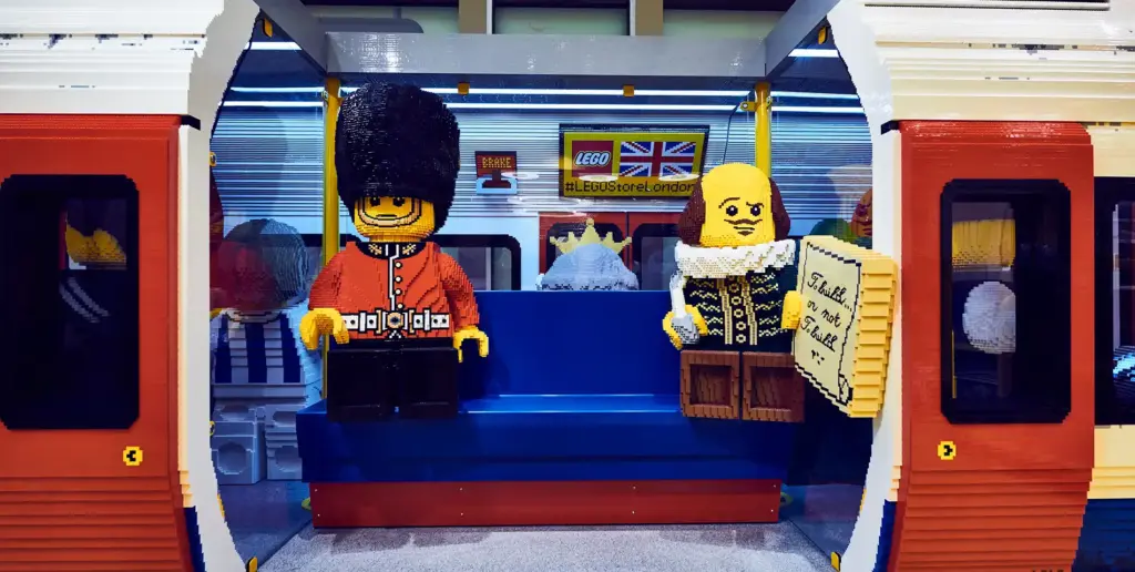 The Lego flagship store with a life-sized London Underground tube carriage made up of lego bricks