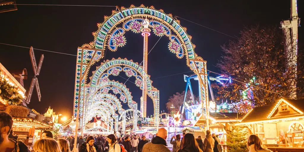 Colourful archway of lights at Winter Wonderland