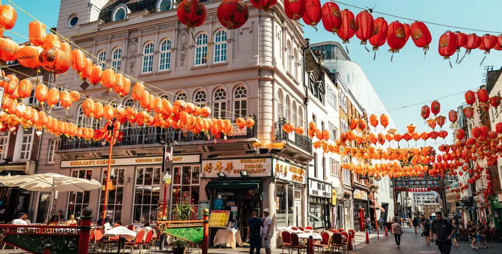 View of Chinese restaurant with red Chinese lanterns outside