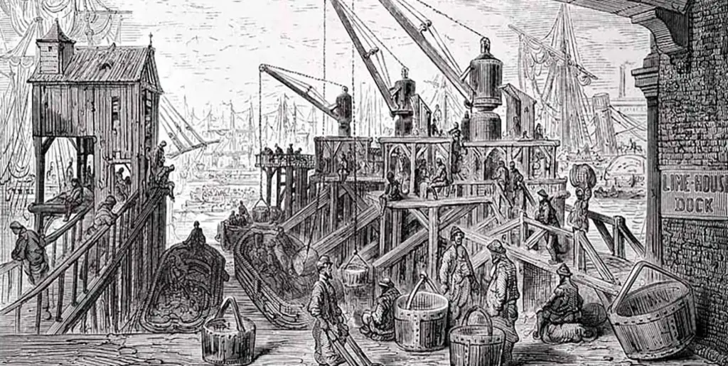 Old fashioned drawing of importing goods at London Docklands
