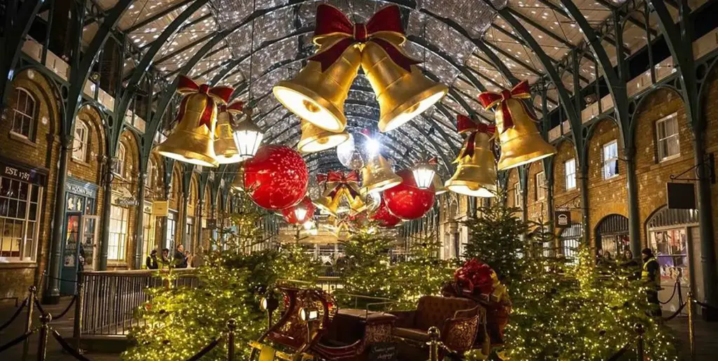 Gold bells and Christmas lights in Covent Garden