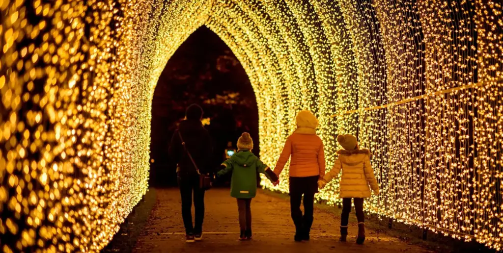 Family walking through light tunnel